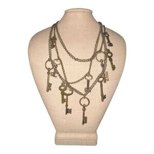 Vintage Multi Key Charm Statement Necklace Layered Antique-Gold Tone Chain J14